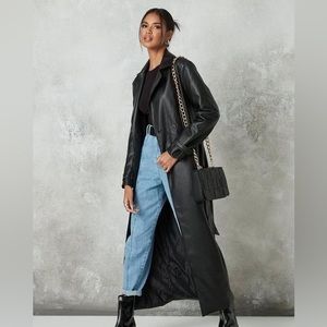 Black Faux Leather Belted Trench Coat - Missguided